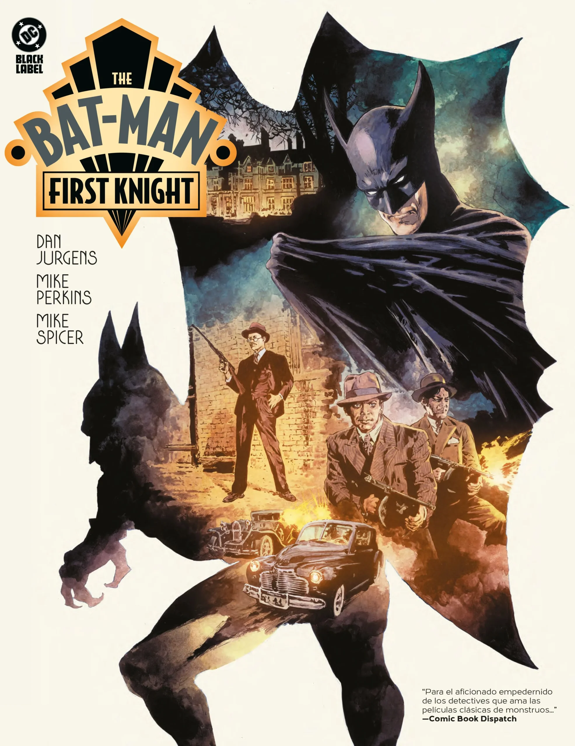 Portada cómic Batman: First Knight con castillo y coches.
