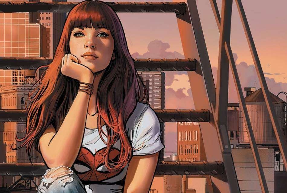 Mujer sentada en escalera al atardecer, estilo cómic.