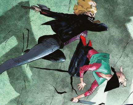 Ilustración de dos personajes luchando con cuchillos